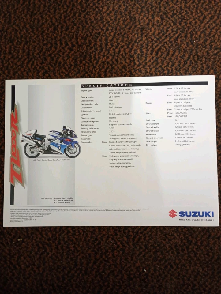 Suzuki TL1000R sales brochure. 1998 UK model Genuine original. Dated Dec, 1997 - Image 2 of 4