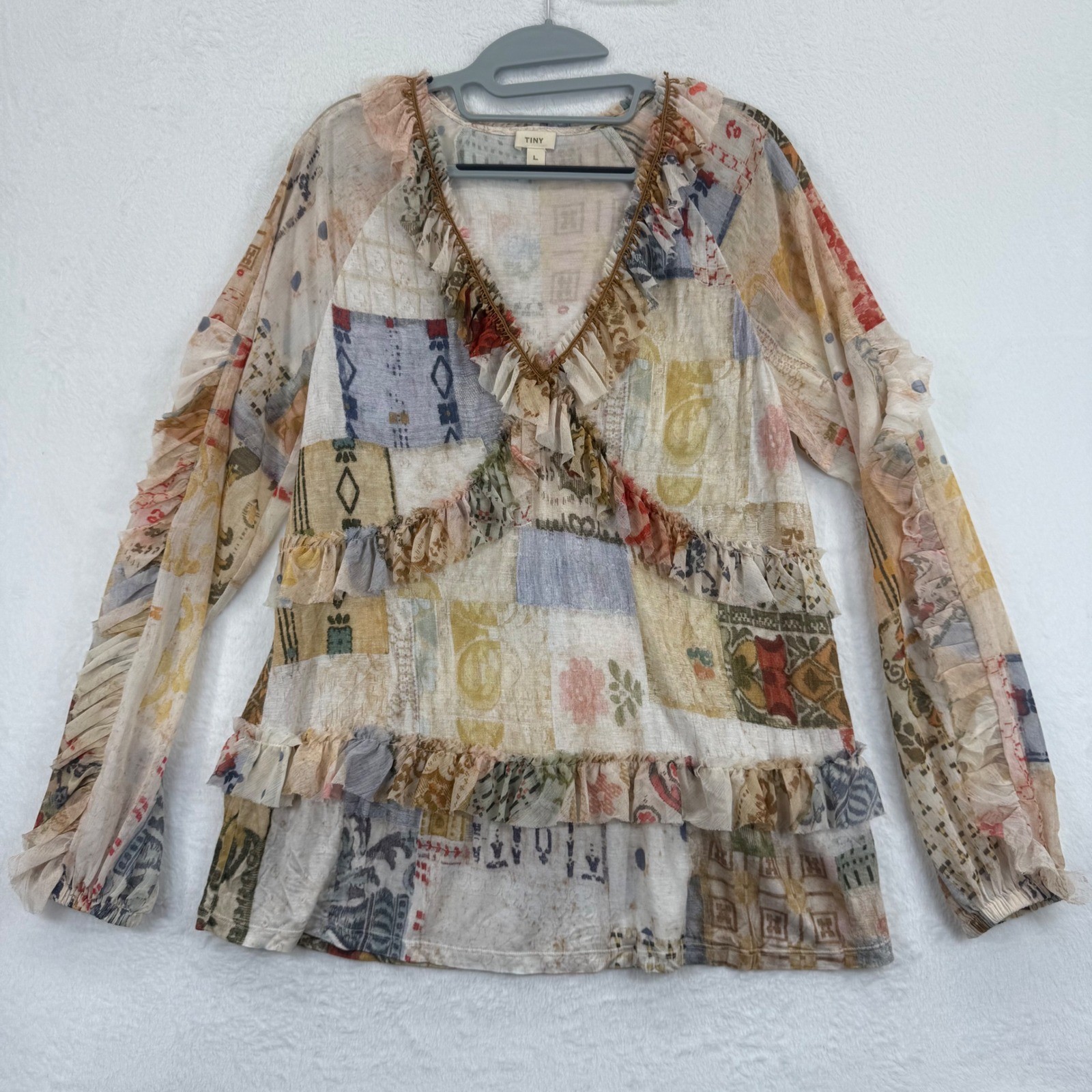 TINY Anthropologie Patchwork Print Ruffle Trim Lo… - image 1