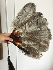 c1900 Antique Folding Hand Fan, Faux Tortoise  Ostrich Feather