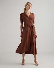 Quince Women Tencel Jersey Midi Wrap Basic Sleeved Dress Brown M