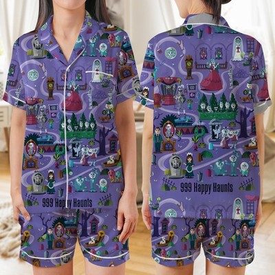 The Haunted Mansion Map Hitchhiking Ghosts Satin Short-Sleeve Pajamas Set