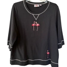 Quacker Factory Black Flamingo Knit pullover top size 1X