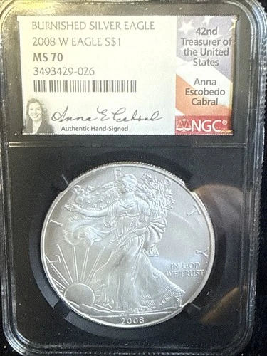 2008 American SILVER EAGLE NGC MS70 ANNA CABRAL HAND SIGNED TOP POP🔥!