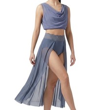 Capezio Slate Blue Mesh Cowl Neck Crop Top and Lace Waistband Skirt CS