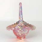 Fenton Pink Iridescent Ruffle Footed 8" Glass Basket Patterned Diamond
