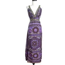 ITW Vintage Silk Studded Maxi Dress Sz 10 Purple Boho 70s Hippie Y2K Fairy