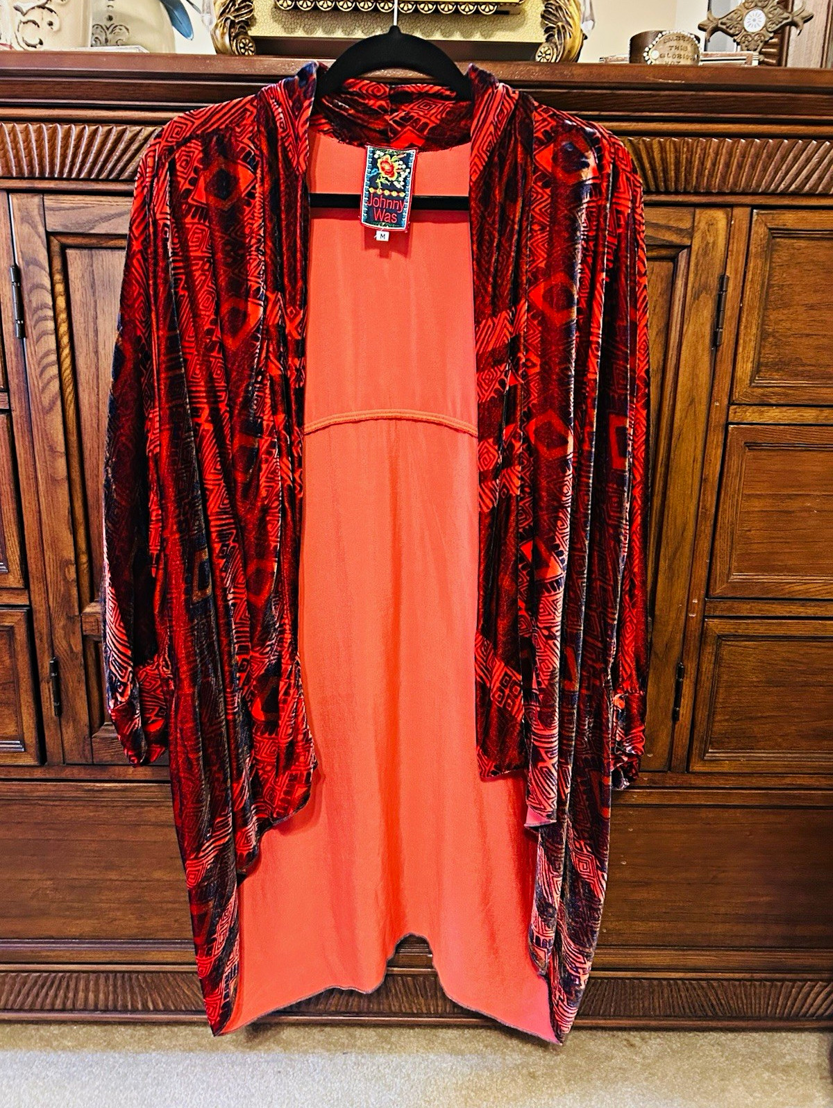 Hermoso Johnny Was! Chaqueta Kimono Terciopelo Rojo Frente Abierto Talla Med
