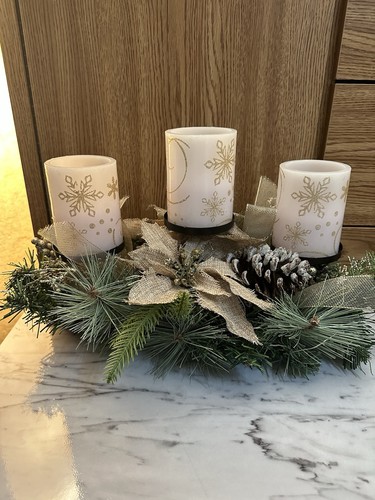 Christmas Candle Holders Set Table Centerpiece 3 Holders w/ Battery Candles