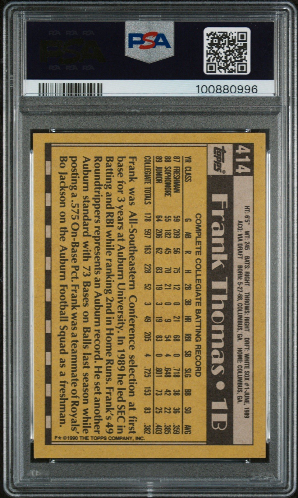 FRANK THOMAS RC 1990 Topps #414 Rookie HOF MLB Chicago White Sox PSA 9 MINT view 7