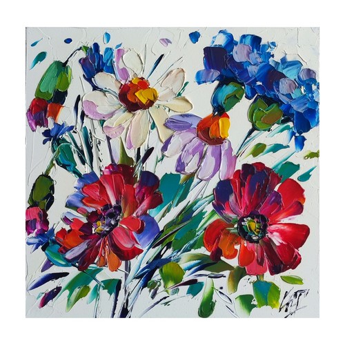 Original Ölgemälde Mohn Gänseblümchen Wildblumen Kunstwerk Floral Wandkunst 8*8 Zoll - Bild 4 von 12