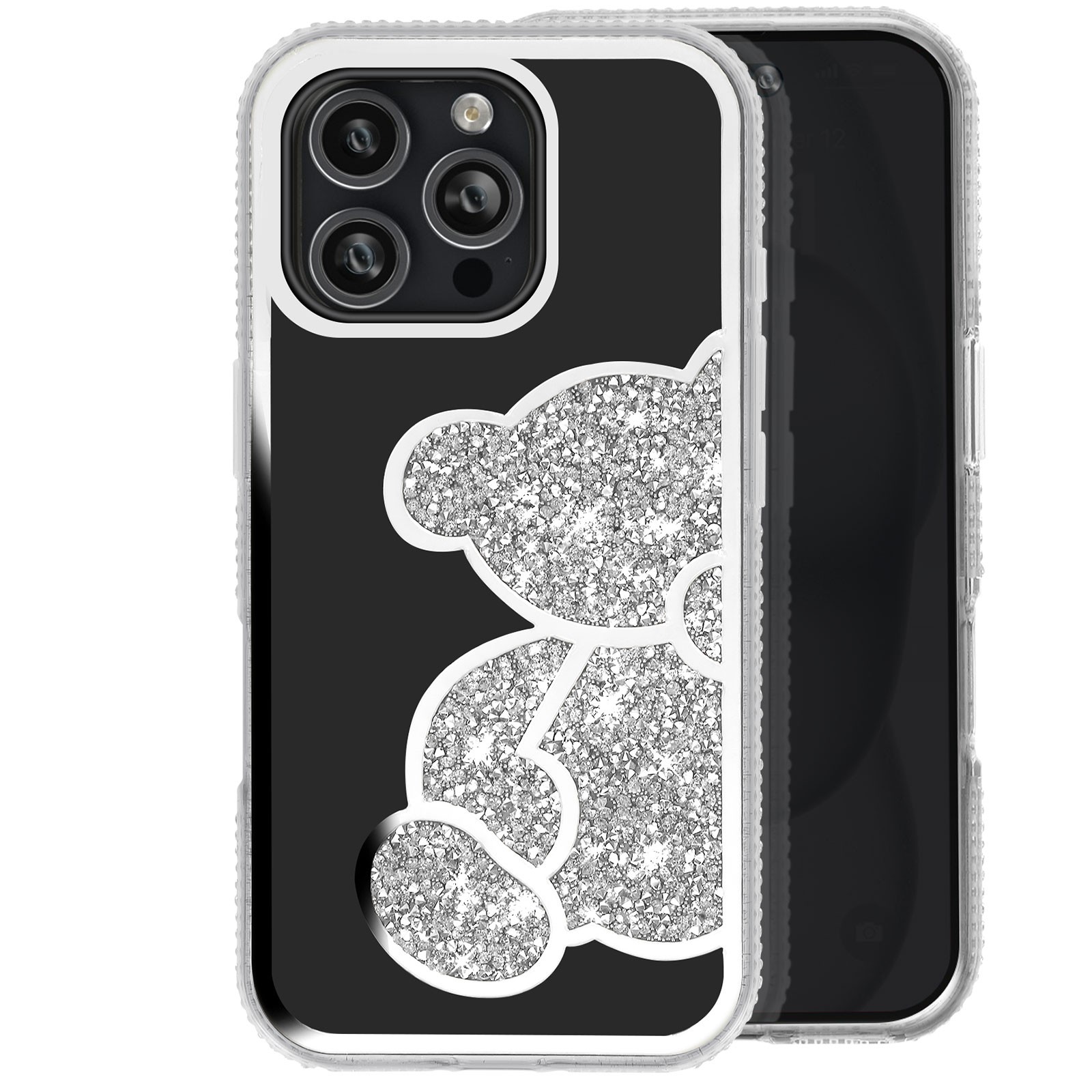 Coque iPhone 16 Pro Max paillettes motif ours strass, le cadeau tendance et mignon pour elle
