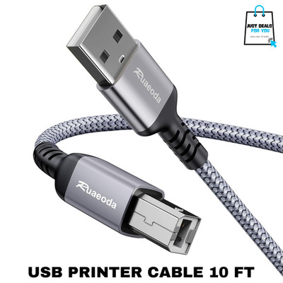 USB Printer Cable 10ft USB 2.0 Type A to B Braided Cord for HP Canon Epson USBsx
