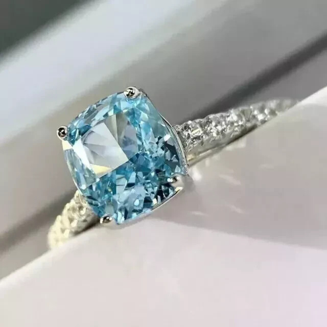 2Ct Cushion Cut Lab-Created Aquamarine Diamond Women Ring 14k
