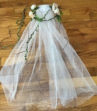 White Bridal Veil With Floral Design  Also Great For 1st Communion Veil