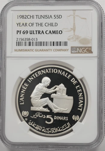 Tunisia 1982-CHI 5 Dinars Proof NGC PF69 ULTRA CAMEO Year Of The Child NG2038 co
