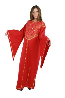 Egypt Bazar Kaftan 70er Jahre Style - Schwarz/Rot Mit Stickerei - Trompetenärmel Knöchellang