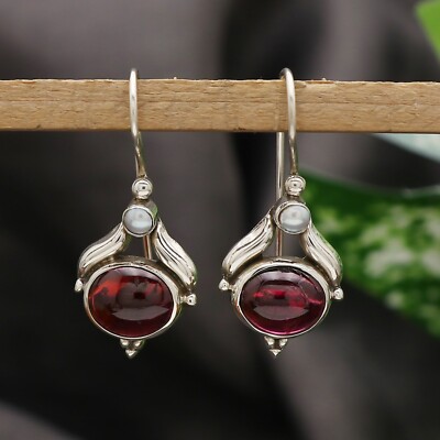 92.5 Strelling Silver Earring Garnet Stone With Pearl Gift for Her Handmade