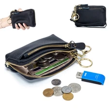 Slim Black Leather Zipper Womens Wallet Coin Card Holder Purse with Keychain
