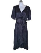 New LULU'S XS Black Wrapped Up In Love Satin Faux Wrap Midi Dress Women