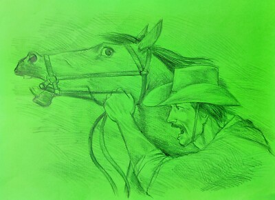 Original Graphite Sketch Cowboy with Horse Drawing Cowboy Cattle Drive Wall Art
