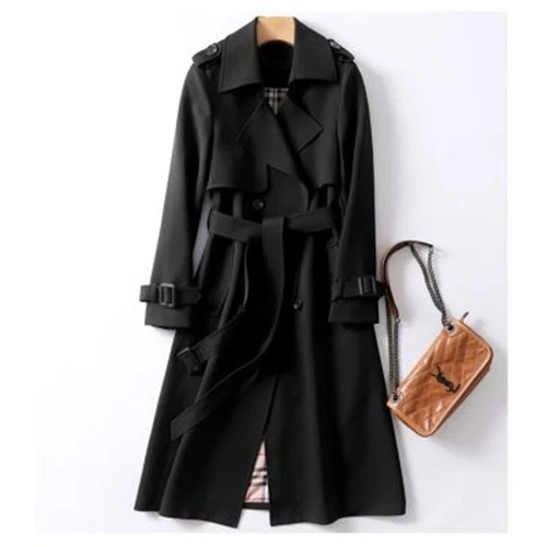 Women's Double Breasted Long Trench Coat Windproof Classic Lapel Belted Overcoat - Picture 12 of 25