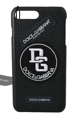 DOLCE & GABBANA Phone Case Solid Black Leather Logo Patch iPhone 7-8 Plus $300