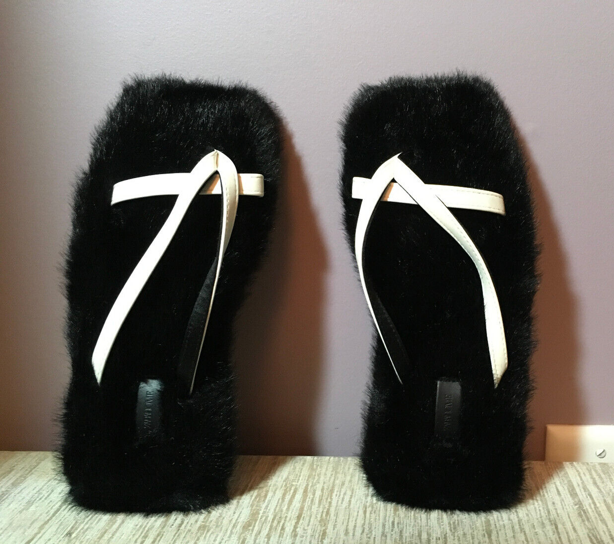 New ZARA HOME Women's Faux Fur Slippers Black/White Size Us Eu