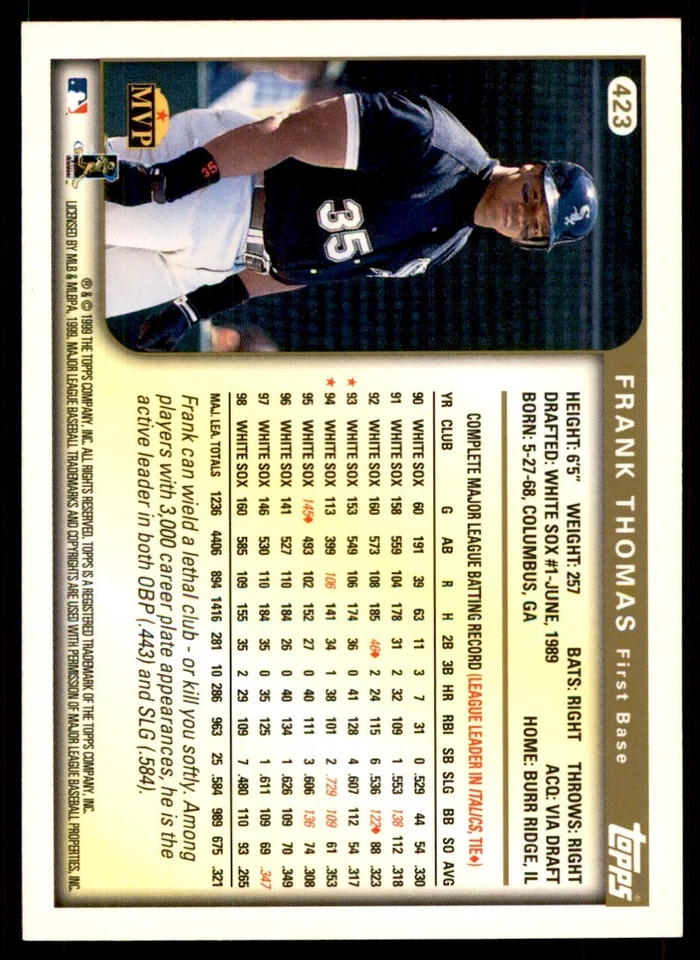 1999 Topps Baseball Card Frank Thomas Chicago White Sox #423 - Image 2 of 2
