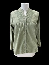 Woolrich Women's Size Large Button Up Long Sleeve Cotton Shirt Blouse Green Boho