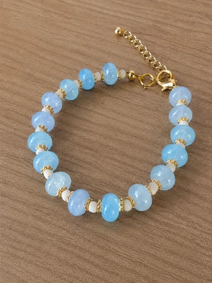 Bracelet femme grosses perles rondes plates bleu réglable fait main doré - Photo 1/2