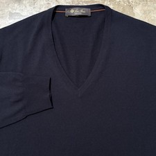 Loro Piana Sweater Mens 52 Blue 100 Cashmere V Neck Jumper Long Sleeve Italy