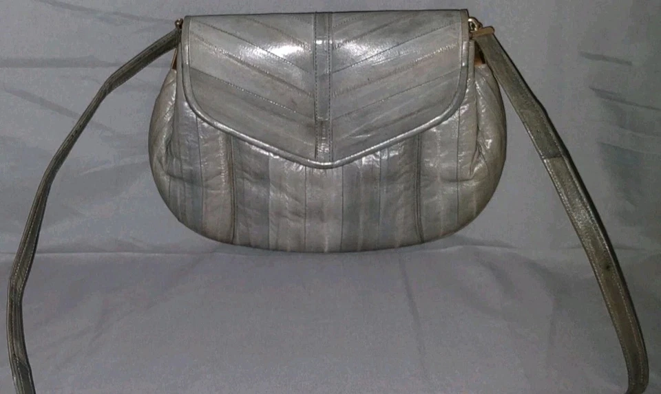 Cartera de Hombro Noche Marfil Hueso Natural Piel de Anguila Genuina Años 80 De Colección 9x7" Foto 2 de 4