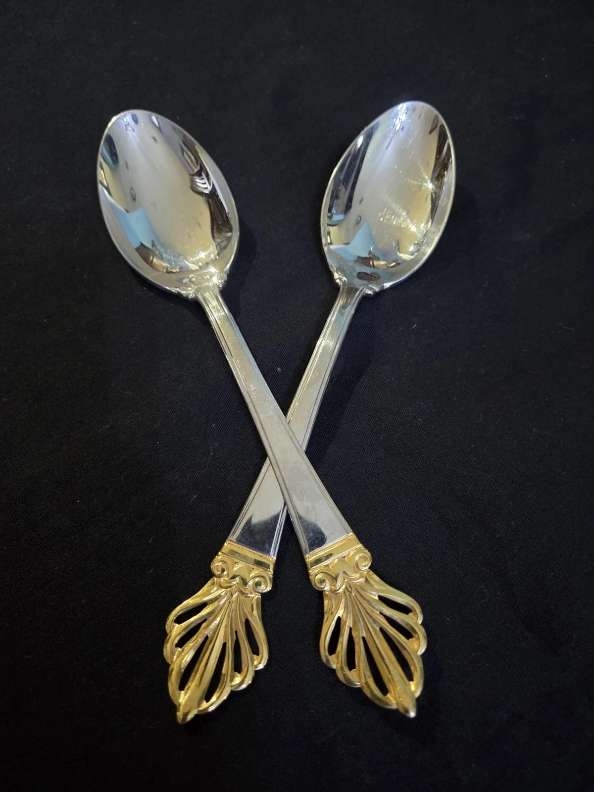 2 Vtg Towle 18/10 Stainless Serving Spoons w/Gold Plated End Edge Germany 8.5"