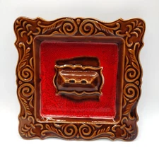 Ceramic Ashtray Brown & Red Orange Drip Glaze Vintage 1960  7" Square USA EA102S