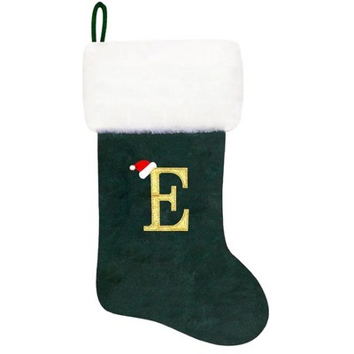 20 Inches Monogram Christmas Stockings Green Velvet with White Super Soft Plu...