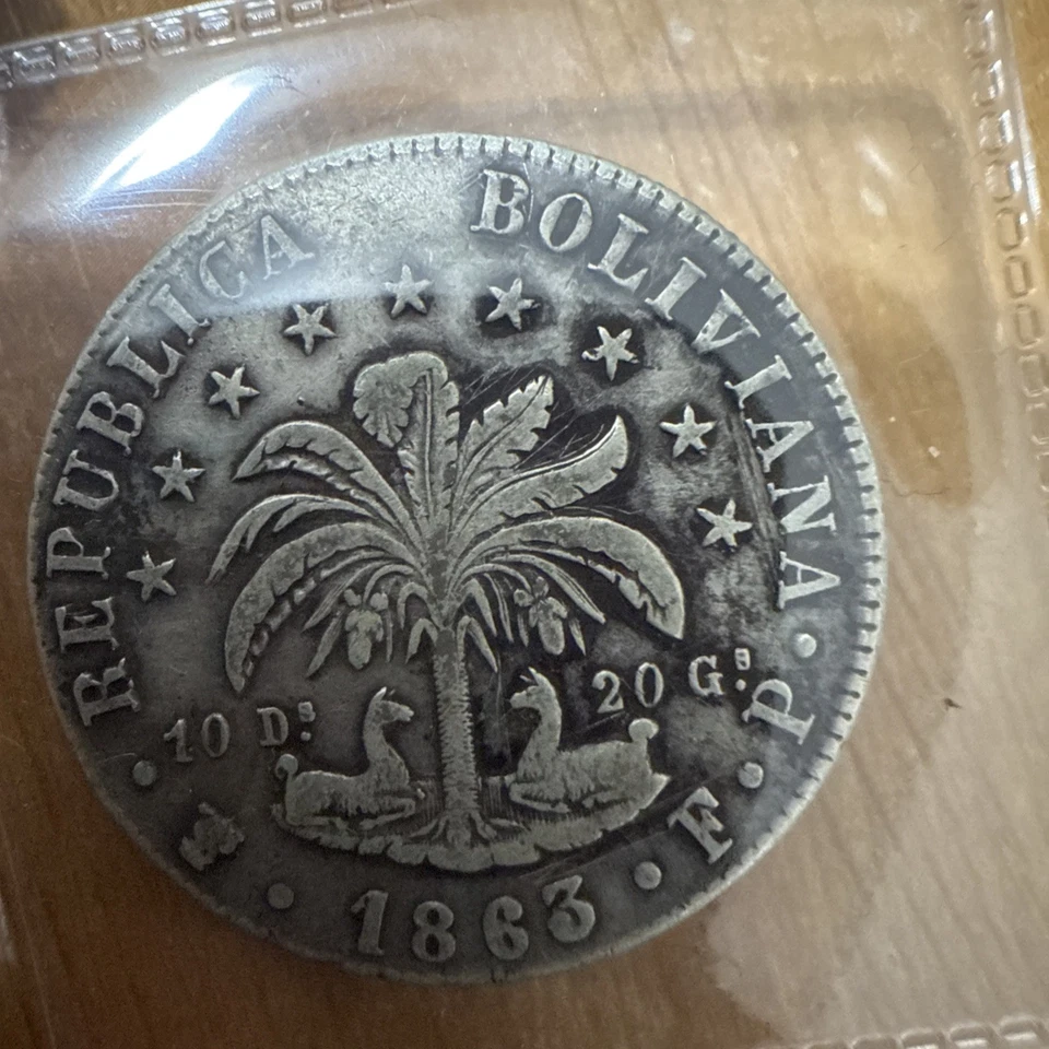 Rare Boliva 1863 Potosi 8 Soles - Silver Coin w/ Simon Bolivar & Lettered Edge! - Image 3 of 4