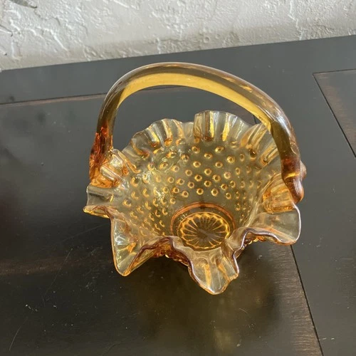 vintage Fenton Amber Hobnail glass basket.