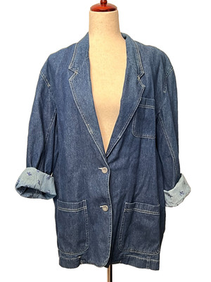 Vtg Denim Blazer Jacket Women's L CHAUS SPORT Blue Floral Roll Cuffs Cottagecore
