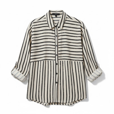 Women's Fred David Striped Blouse, Shirt, Top, Small, Cream, Black, button up