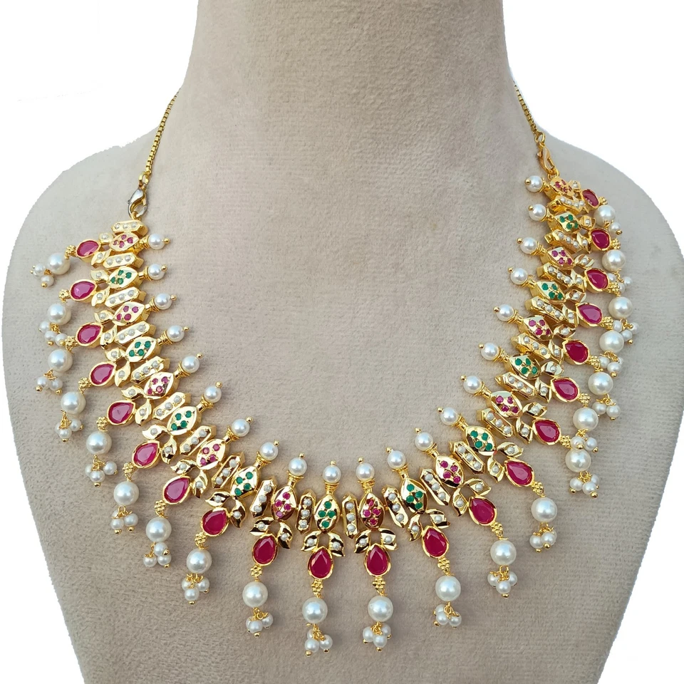 Elegante conjunto de collar de perlas rubí para mujer enchapado en oro de 22k joyería nupcial india Foto 3 de 4