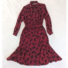 Vtg Schrader Sport Ree & Navy Leaf Print Button Front Belted Shirt Dress Size 6