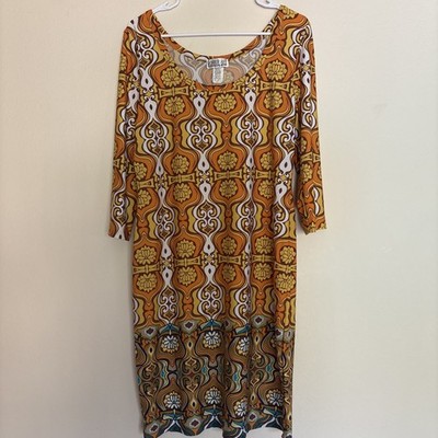Robbie Bee Size XL Pattern Hippie Dress Tiki Groovy 70 s Gold Yellow