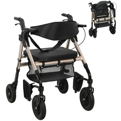 HOMCOM 2-in-1 Mobility Walker with Seat, Foldable Rollator with Footrests
