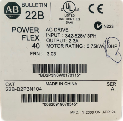 22B-D2P3N104 PowerFlex Variable Frequency Drive, Input 342-528 3PH, output 2.3 A