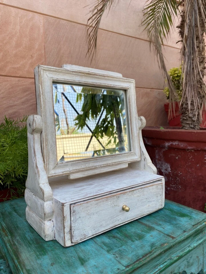 Vintage Wooden Hand Crafted White Rustic Painted Dressing Mirror With Drawer Box - Image 4 of 4