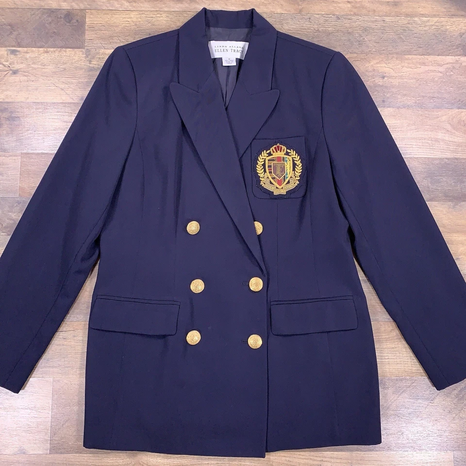 Blazer Ellen Tracy Mujer 8 Azul Marino Lana Dorado Botón Cresta Doble Pecho Chaqueta Foto 2 de 4