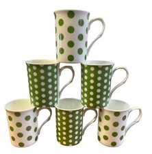 Set of 6 Polka Dot Mugs Green & White Fine Bone China Tea Coffee Cup Gift