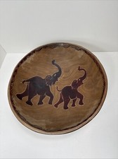 Vintage Hand Carved /Hand painted Wooden Round BOWL w/Elephants Vtg African
