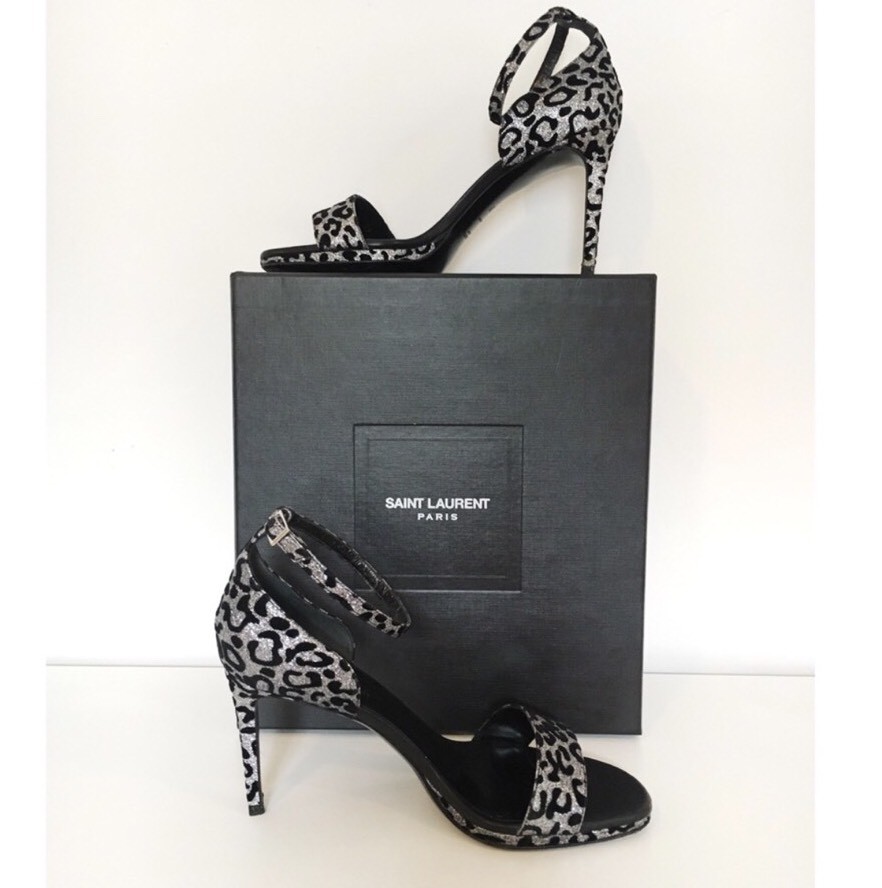 Sandali leopardati SaiNT LAURENT neri e argento glitter nuovi con scatola taglia 38 1 2