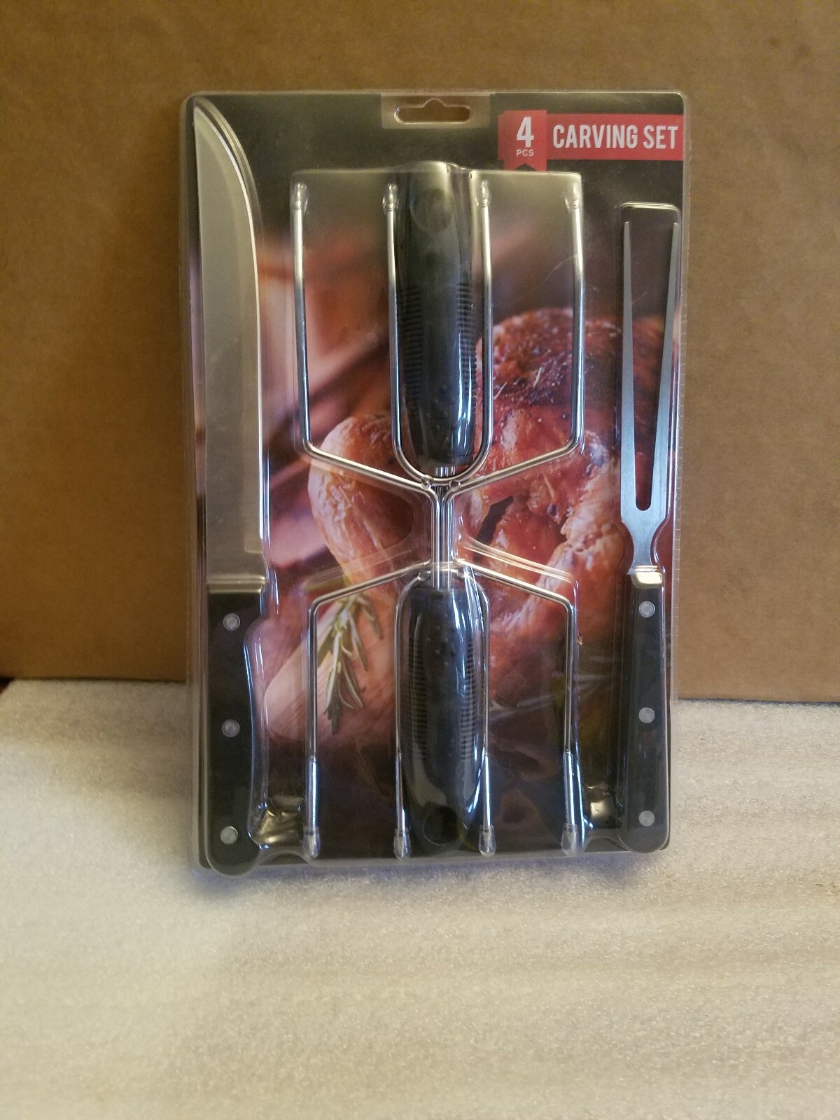 4 PC STAINLESS CARVING SET TURKEY LIFTERS KNIFE FORK MEAT HAM ROAST